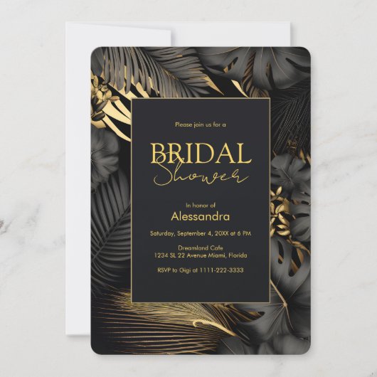 Modern Zwart Goud Tropisch Bruiloft Vrijgezellenfe Kaart (Voorkant)
