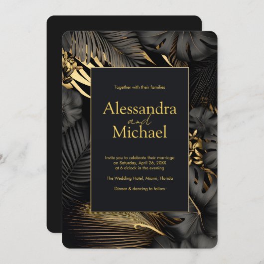 Modern Zwart Goud Tropische bladeren Bruiloft Kaart (Voorkant / Achterkant)
