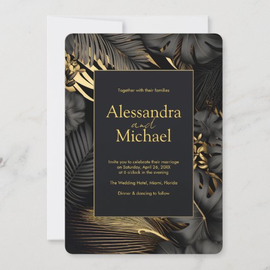 Modern Zwart Goud Tropische bladeren Bruiloft Kaart (Voorkant)