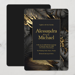 Modern Zwart Goud Tropische bladeren Bruiloft Kaart