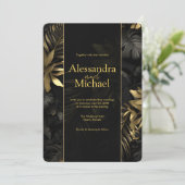 Modern Zwart Goud Tropische bladeren Bruiloft Kaart (Staand voorkant)