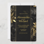 Modern Zwart Goud Tropische bladeren Bruiloft Kaart (Voorkant)