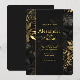 Modern Zwart Goud Tropische bladeren Bruiloft Kaart