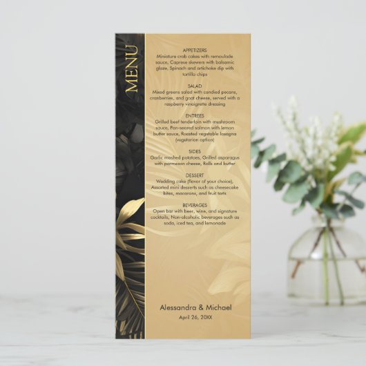 Modern Zwart Goud Tropische bladeren Bruiloft Menu (Staand voorkant)
