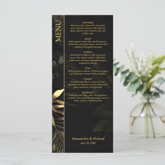 Modern Zwart Goud Tropische bladeren Bruiloft Menu (Staand voorkant)