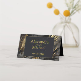 Modern Zwart Goud Tropische bladeren Bruiloft Plaatskaartje