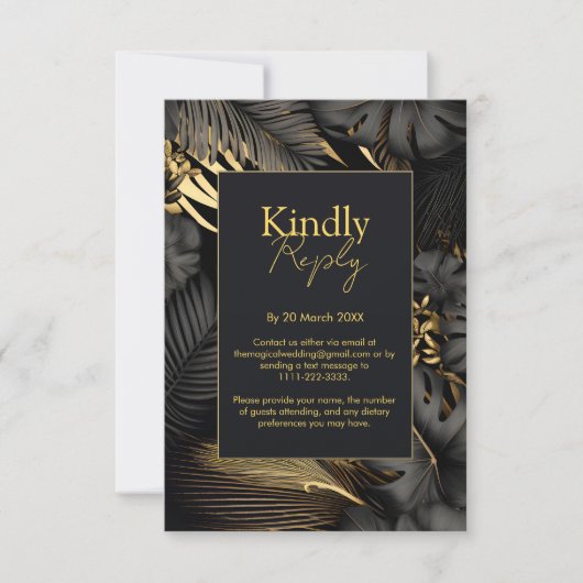 Modern Zwart Goud Tropische bladeren Bruiloft RSVP Kaartje (Voorkant)