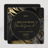 Modern Zwart Goud Tropische Bruiloft Bruidsmeisje Kaart (Voorkant / Achterkant)