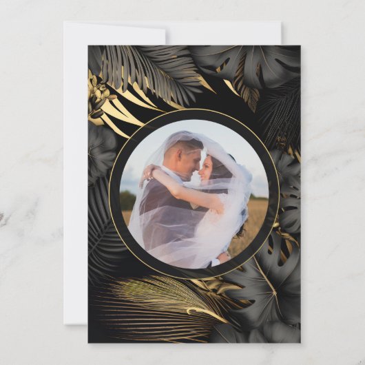 Modern Zwart Goud Tropische Bruiloft Dank u Bedankkaart (Achterkant)