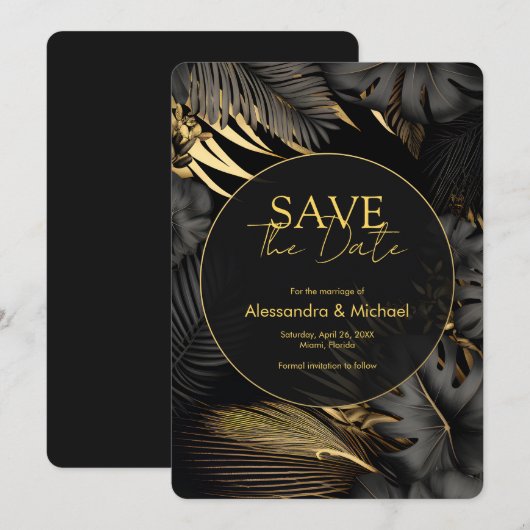 Modern Zwart Goud Tropische Bruiloft Save The Date Kaart (Voorkant / Achterkant)