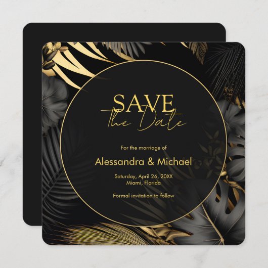 Modern Zwart Goud Tropische Bruiloft Save The Date Kaart (Voorkant / Achterkant)