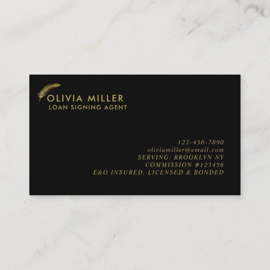 Modern Zwart Goud Veer Script Notaris Loan Agent Visitekaartje (Achterkant)