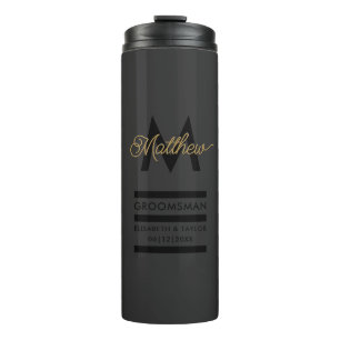 Modern zwart & goud voeg naam & monogram bruidsjon thermosbeker