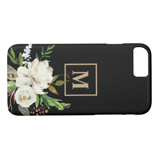 Modern zwart goud Waterverf bloemenmonogram Case-Mate iPhone Case (Achterkant (Horizontaal))