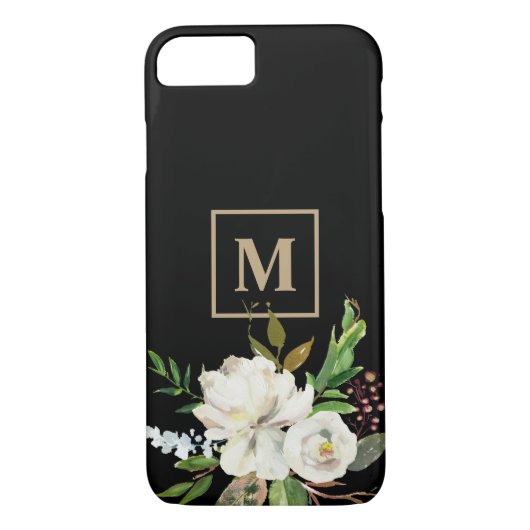 Modern zwart goud Waterverf bloemenmonogram Case-Mate iPhone Case (Achterkant)