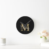 Modern Zwart Goud Wit Monogram Familienaam Ronde Klok (Huis)