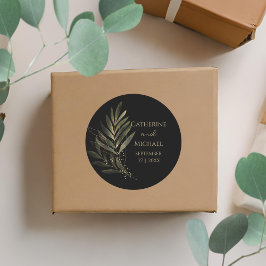 Modern zwart gouden blad bruiloft monogram ronde sticker
