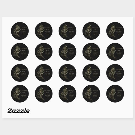 Modern zwart gouden blad bruiloft monogram ronde sticker (Vel)