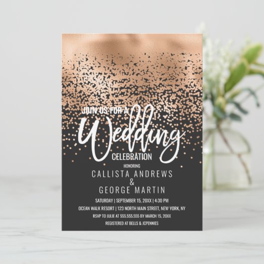 Modern Zwart Gouden Folie Confetti Ombre Wedding Kaart (Staand voorkant)
