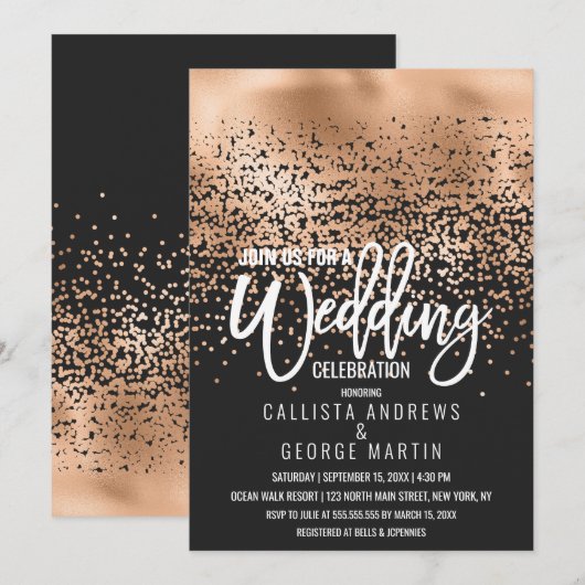 Modern Zwart Gouden Folie Confetti Ombre Wedding Kaart (Voorkant / Achterkant)
