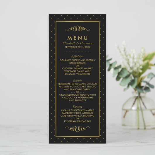 Modern Zwart & Gouden Folie Effect Bruiloft Menu (Staand voorkant)
