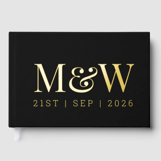 Modern Zwart Gouden Folie Monogram Initialen bruil Gastenboek (Voorkant)
