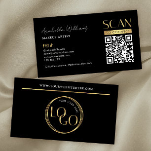 Modern Zwart Gouden Logo Make-up Beauty Salon QR C Visitekaartje