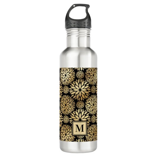 Modern zwart-gouden monogram waterfles (Voorkant)
