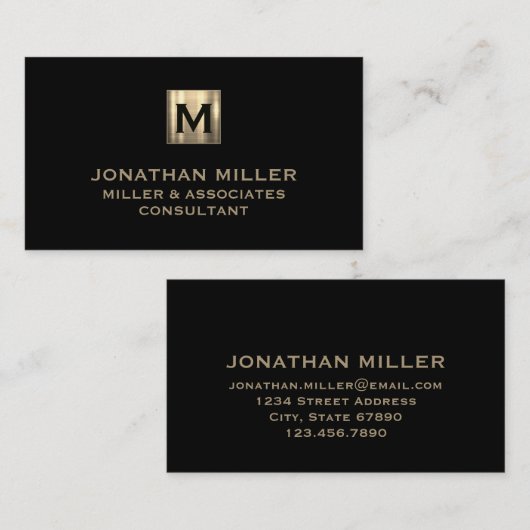 Modern zwart goudmonogram visitekaartje (Voorkant / Achterkant)