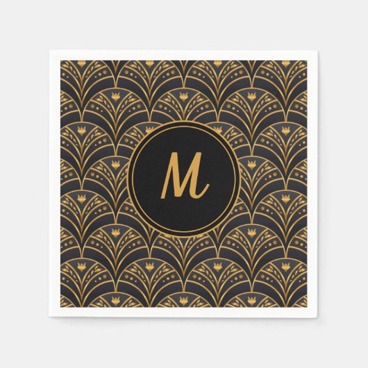 Modern zwart goudpatroon Art Deco Monogram Servet (Voorkant)