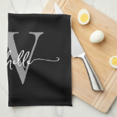 Modern Zwart Grijs Aangepast Monogram Naam Script Theedoek (Quarter Fold)