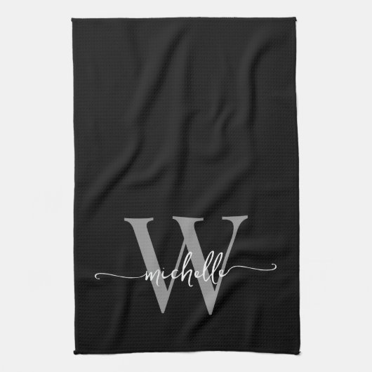 Modern Zwart Grijs Aangepast Monogram Naam Script Theedoek (Verticaal)