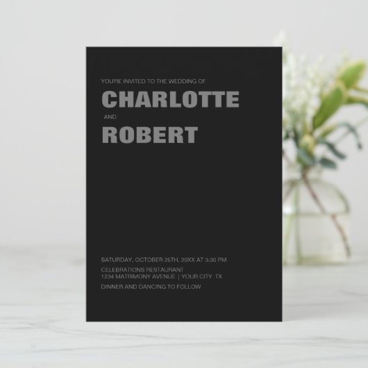 Modern zwart grijs bruiloft kaart (Staand voorkant)
