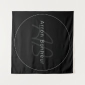 Modern Zwart & Grijs | Coole naam & monogram Wandkleed (Voorkant (horizontaal))