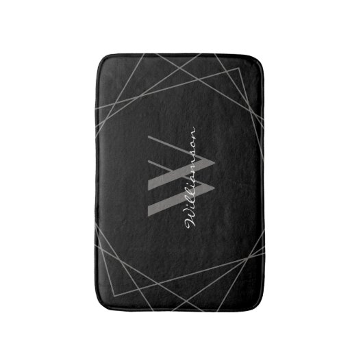 Modern zwart grijs elegant wit monogram script badmat (Voorkant Verticaal)