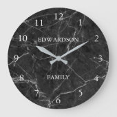 Modern zwart grijs marmeren patroon familienaam grote klok (Voorkant)