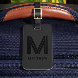 Modern Zwart Grijs Naam toevoegen Monogram Geperso Bagagelabel