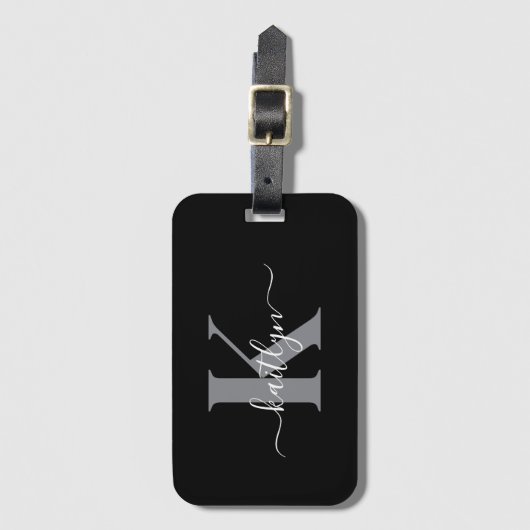 Modern zwart grijs script monogram bagagelabel (Voorkant (verticaal))