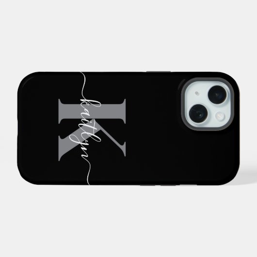 Modern zwart grijs script monogram iPhone 15 case (Achterkant horizontaal)