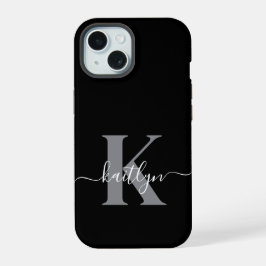 Modern zwart grijs script monogram iPhone 15 case