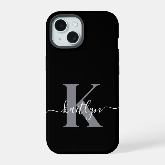Modern zwart grijs script monogram iPhone 15 case (Achterkant)