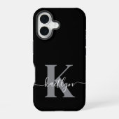 Modern zwart grijs script monogram iPhone 16 hoesje (Achterkant)