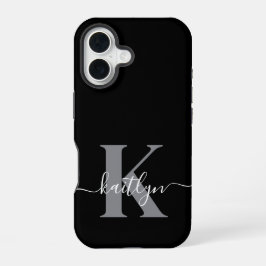Modern zwart grijs script monogram iPhone 16 hoesje
