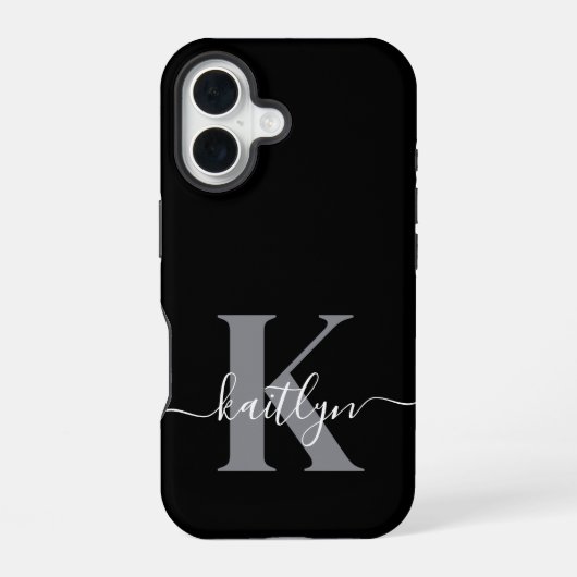 Modern zwart grijs script monogram iPhone 16 hoesje (Achterkant)