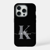 Modern zwart grijs script monogram iPhone hoesje (Achterkant)