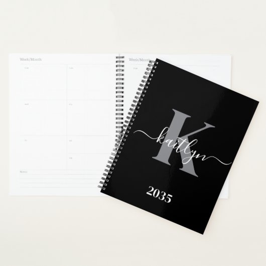 Modern zwart grijs script monogram planner (Display)
