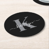 Modern zwart grijs script monogram ronde kartonnen onderzetter (Gebogen)