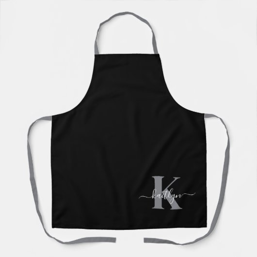 Modern zwart grijs script monogram schort (Voorkant)