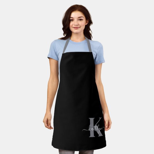 Modern zwart grijs script monogram schort (Gedragen)