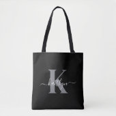 Modern zwart grijs script monogram tote bag (Voorkant)